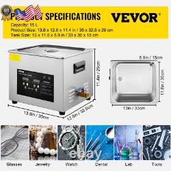 15L Upgraded Ultrasonic Cleaner 600W Heater 360W Ultrasonic Professional Digital
