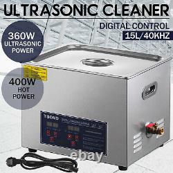 Industry Ultrasonic Cleaner 15L New Stainless Steel Heated Heater withTimer