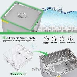 Stainless Steel 15L Liter Industry Ultrasonic Cleaner Heated Heater WithTimer US