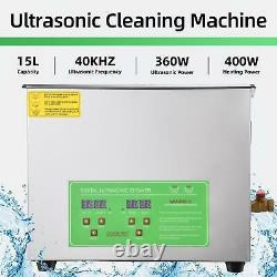 Stainless Steel 15L Liter Industry Ultrasonic Cleaner Heated Heater WithTimer US