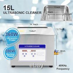 Ultrasonic Cleaner 360W Heated Parts Cleaner 15L for Small Carburetors Injectors