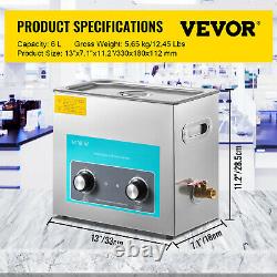 VEVOR 6L Ultrasonic Cleaner 480W Stainless Steel Knob Control with Heater & Timer