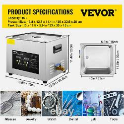 VEVOR Ultrasonic Cleaner 15L Stainless Steel 900W Industry Heated withTimer Heater